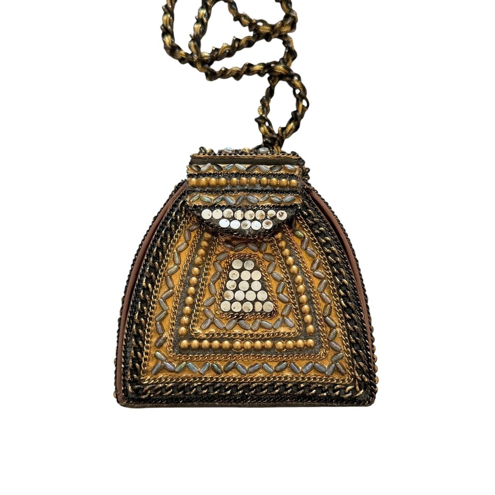 Mary Frances Beaded Mini Crossbody Bag Wearable Art Deco Gold Metal Suede Purse